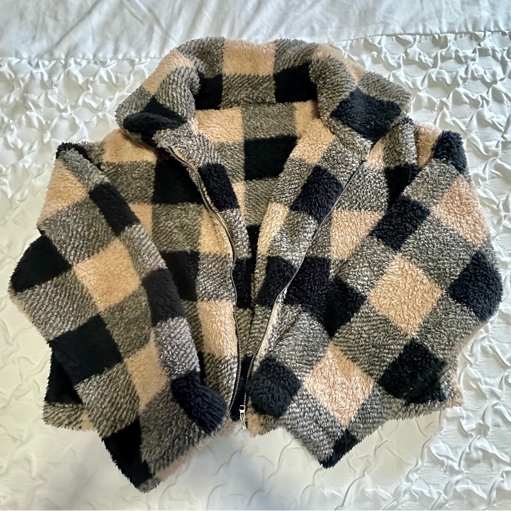 Plaid Print Zip Up Drop Shoulder Teddy Jacket semi cropped black beige